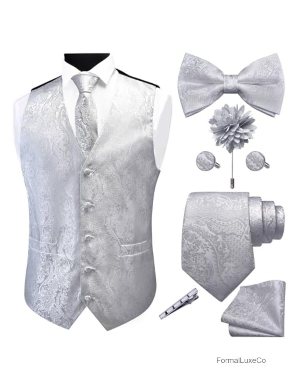 Mens Paisley Jacquard Vest 7Pc Set Tie Bowtie Pocket Square Wedding Formal